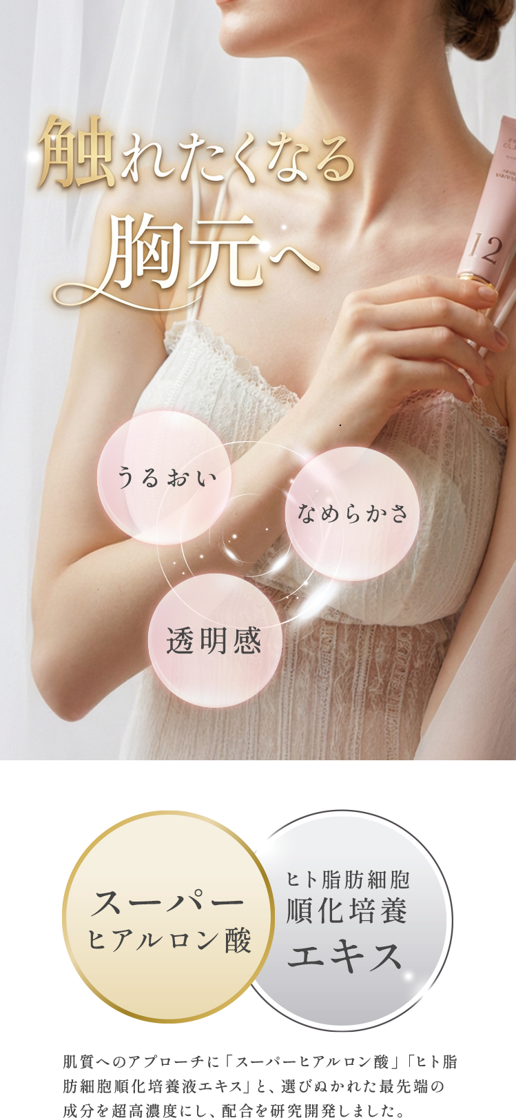 触れたくなる胸元へ　潤い　なめらかさ　透明感　スーパーヒアルロン　酸ヒト脂肪細胞順化培養エキス　肌質へのアプローチに「スーパーヒアルロン酸」「ヒト脂肪細胞順化培養液エキス」と、選びぬかれた最先端の成分を超高濃度にし、配合を研究開発しました。
